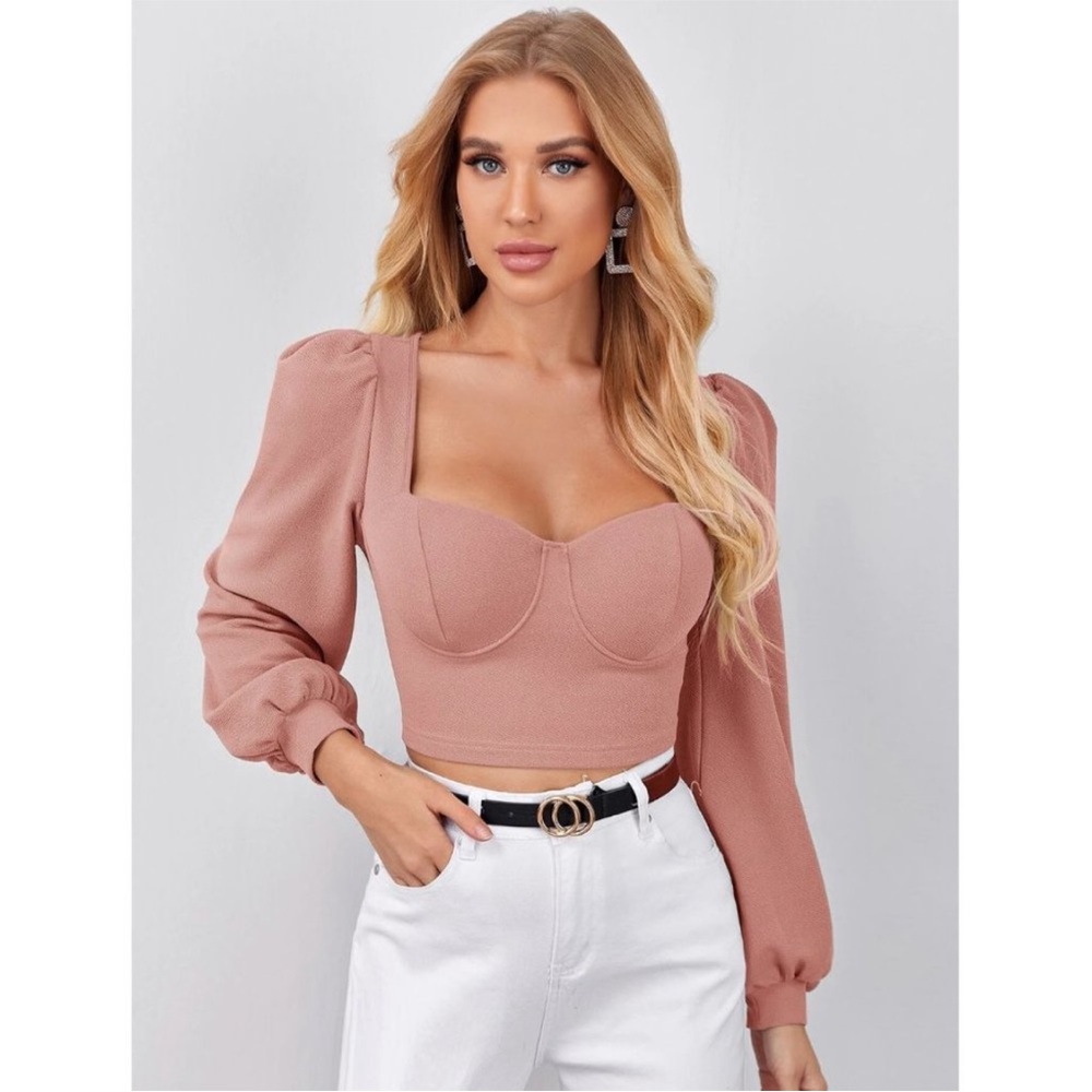 3/$25 Unity Sweetheart Neck Lantern Sleeve Crop Top in Dusty Pink Size XL